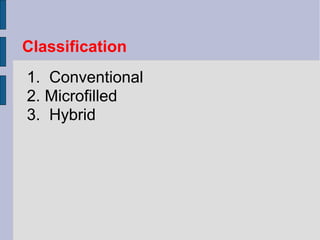 Classification 
1. Conventional 
2. Microfilled 
3. Hybrid 
 