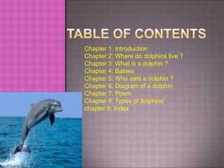 Table of contents,[object Object],Chapter 1: Introduction,[object Object],Chapter 2: Where do dolphins live ?,[object Object],Chapter 3: What is a dolphin ?,[object Object],Chapter 4: Babies,[object Object],Chapter 5: Who eats a dolphin ?,[object Object],Chapter 6: Diagram of a dolphin,[object Object],Chapter 7: Poem,[object Object],Chapter 8: Types of dolphins,[object Object],chapter 9: Index,[object Object]