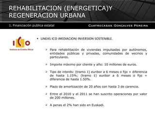 LINEAS ICO (MEDIACION) INVERSION SOSTENIBLE. Para rehabilitación de viviendas impulsadas por autónomos, entidades públicas y privadas, comunidades de vecinos y particulares. Importe máximo por cliente y año: 10 millones de euros. Tipo de interés: (tramo 1) euribor a 6 meses o fijo + diferencia de hasta 1.15%; (tramo 1) euribor a 6 meses o fijo + diferencia de hasta 1.50%. Plazo de amortización de 20 años con hasta 3 de carencia. Entre el 2010 y el 2011 se han suscrito operaciones por valor de 200 millones. A penas el 2% han sido en Euskadi. REHABILITACION (ENERGETICA)Y REGENERACION URBANA Financiación publica estatal 