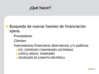 ¿Qué hacer?



   Busqueda de nuevas fuentes de financiación
    ajena.
    –   Proveedores
    –   Clientes
    –   Instrumentos financieros alternativos y/o publicos
            ICO, CONVENIOS COMUNIDADES AUTONOMAS
            CAPITAL RIESGO, INVERSORES
            SOCIEDADES DE GARANTIA RECIPROCA
 