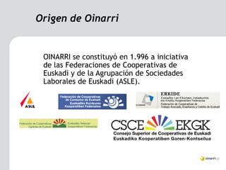 Origen de Oinarri


 OINARRI se constituyó en 1.996 a iniciativa
 de las Federaciones de Cooperativas de
 Euskadi y de la Agrupación de Sociedades
 Laborales de Euskadi (ASLE).
 