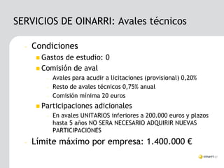 SERVICIOS DE OINARRI: Avales técnicos

  –   Condiciones
       Gastos de estudio: 0
       Comisión de aval
         –   Avales para acudir a licitaciones (provisional) 0,20%
         –   Resto de avales técnicos 0,75% anual
         –   Comisión mínima 20 euros
       Participaciones     adicionales
         –   En avales UNITARIOS inferiores a 200.000 euros y plazos
             hasta 5 años NO SERA NECESARIO ADQUIRIR NUEVAS
             PARTICIPACIONES
  –   Límite máximo por empresa: 1.400.000 €
 