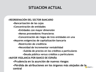 SITUACION ACTUAL


•REORDENACIÓN DEL SECTOR BANCARIO
   •Bancarización de las cajas
   •Concentración de entidades
       •Entidades con mayor dimensión
       •Menos proveedores financieros
       •Concentración de riegos de tres entidades en una
   •Mayores exigencias de capitalización bancaria
       •Restricción de crediticia
       •Necesidad de incrementar rentabilidad
           •Subida de precios en los créditos a particulares
           •Deuda pública versus créditos a particulares
•MAYOR VIGILANCIA POR BANCO DE ESPAÑA
    •Prudencia en la asunción de nuevos riesgos
    •Pérdida de atribuciones en los órganos más alejados de la
    central
 