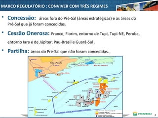2
MARCO REGULATÓRIO : CONVIVER COM TRÊS REGIMES
• Concessão: áreas fora do Pré-Sal (áreas estratégicas) e as áreas do
Pré-Sal que já foram concedidas.
• Cessão Onerosa: Franco, Florim, entorno de Tupi, Tupi-NE, Peroba,
entorno Iara e de Júpiter, Pau-Brasil e Guará-Sul.
• Partilha: áreas do Pré-Sal que não foram concedidas.
 