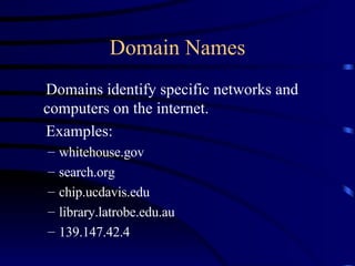 Domain Names Domains identify specific networks and computers on the internet. Examples: whitehouse.gov search.org chip.ucdavis.edu library.latrobe.edu.au 139.147.42.4 