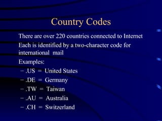 Country Codes There are over 220 countries connected to Internet Each is identified by a two-character code for international  mail Examples: .US  =  United States .DE  =  Germany .TW  =  Taiwan .AU  =  Australia .CH  =  Switzerland 