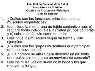 Facultad de Ciencias de la Salud Licenciatura en Nutrición Cátedra de Anatomía y  Fisiología Guía de Estudio ¿Cuáles son las funciones principales de los músculos esqueléticos? Identifique la membrana de tejido conjuntivo que: a) recubre fibras individuales, b) rodea grupos de fibras y c) cubre el músculo como un todo. Clasifique los músculos según su forma y  cite ejemplos. ¿Cuáles son los grupos musculares que participan en todo movimiento? ¿Qué nombre se utiliza para describir un músculo que realiza directamente un movimiento concreto? Cite los músculos del suelo de la boca y los que mueven la lengua.  