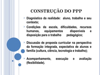 CONSTRUÇÃO DO PPP 
 Diagnóstico da realidade: aluno, trabalho e seu 
contexto; 
 Condições da escola, dificuldades, recursos 
humanos, equipamentos disponíveis e 
disposição para o trabalho pedagógico; 
 Discussão de proposta curricular na perspectiva 
da formação integrada, expectativa de alunos e 
família (cultura, ciência, tecnologia e trabalho); 
 Acompanhamento, execução e avaliação 
(flexibilidade). 
 