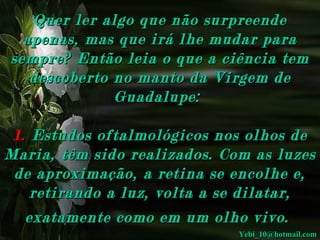 Quer ler algo que não surpreende apenas, mas que irá lhe mudar para sempre? Então leia o que a ciência tem descoberto no manto da Virgem de Guadalupe:   1.   Estudos oftalmológicos nos olhos de Maria, têm sido realizados. Com as luzes de aproximação, a retina se encolhe e, retirando a luz, volta a se dilatar, exatamente como em um olho vivo.   [email_address] 
