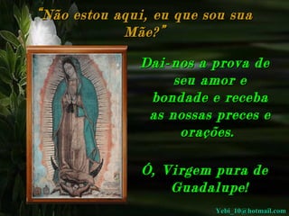 “ Não estou aqui, eu que sou sua Mãe?” Dai-nos a prova de seu amor e bondade e receba as nossas preces e orações.  Ó, Virgem pura de Guadalupe! [email_address] 