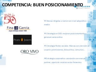 COMPETENCIA:	
  BUEN	
  POSICIONAMIENTO	
  
v 	
  Marcas	
  dirigidas	
  a	
  sector	
  con	
  nivel	
  adquisiCvo	
  
medio	
  
v 	
  Estrategia	
  en	
  SEO:	
  mejoran	
  posicionamiento	
  y	
  
generan	
  venta	
  online	
  	
  
	
  
v 	
  Estrategia	
  Redes	
  sociales:	
  Marcas	
  con	
  atención	
  al	
  
usuario:	
  promociones,	
  descuentos,	
  concursos…	
  
v Estrategia	
  corporaCva:	
  asociación	
  con	
  marcas	
  
partner,	
  aparición	
  revistas	
  sector	
  femenino	
  
 