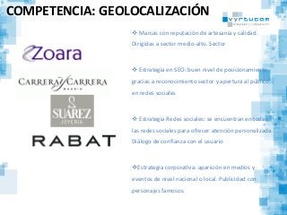 COMPETENCIA:	
  GEOLOCALIZACIÓN	
  
v 	
  Marcas	
  con	
  reputación	
  de	
  artesanía	
  y	
  calidad.	
  
Dirigidas	
  a	
  sector	
  medio-­‐alto.	
  Sector	
  	
  
v 	
  Estrategia	
  en	
  SEO:	
  buen	
  nivel	
  de	
  posicionamiento	
  
gracias	
  a	
  reconocimiento	
  sector	
  y	
  apertura	
  al	
  público	
  
en	
  redes	
  sociales	
  
	
  
v 	
  Estrategia	
  Redes	
  sociales:	
  se	
  encuentran	
  en	
  todas	
  
las	
  redes	
  sociales	
  para	
  ofrecer	
  atención	
  personalizada.	
  
Diálogo	
  de	
  conﬁanza	
  con	
  el	
  usuario	
  
v Estrategia	
  corporaCva:	
  aparición	
  en	
  medios	
  y	
  
eventos	
  de	
  nivel	
  nacional	
  o	
  local.	
  Publicidad	
  con	
  
personajes	
  famosos.	
  
 