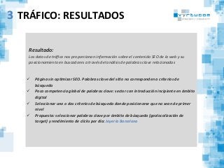  
	
  
Resultado:	
  
Los	
  datos	
  de	
  tráﬁco	
  nos	
  proporcionan	
  información	
  sobre	
  el	
  contenido	
  SEO	
  de	
  la	
  web	
  y	
  su	
  
posicionamiento	
  en	
  buscadores	
  a	
  través	
  del	
  análisis	
  de	
  palabras	
  clave	
  relacionadas	
  
	
  
	
  
ü  Página	
  sin	
  op2mizar	
  SEO.	
  Palabras	
  clave	
  del	
  si2o	
  no	
  corresponden	
  a	
  criterios	
  de	
  
búsqueda	
  	
  
ü  Poca	
  competencia	
  global	
  de	
  palabras	
  clave:	
  sector	
  con	
  introducción	
  incipiente	
  en	
  ámbito	
  
digital	
  
ü  Seleccionar	
  uno	
  o	
  dos	
  criterios	
  de	
  búsqueda	
  donde	
  posicionarse	
  que	
  no	
  sean	
  de	
  primer	
  
nivel	
  
ü  Propuesta:	
  seleccionar	
  palabras	
  clave	
  por	
  ámbito	
  de	
  búsqueda	
  (geolocalización	
  de	
  
target)	
  y	
  rendimiento	
  de	
  clicks	
  por	
  día:	
  Joyería	
  Barcelona	
  	
  
TRÁFICO:	
  RESULTADOS	
  3
 