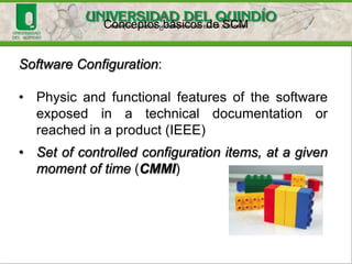 IEEE Standard 828.
Configuration:
• The configuration of a system is the functional
and physical characteristics of hardware or
software as set forth in technical
documentation or achieved in a product.
• It can also be thought of as a collection of
specific versions of hardware, firmware, or
software items combined according to specific
build procedures to serve a particular purpose
 