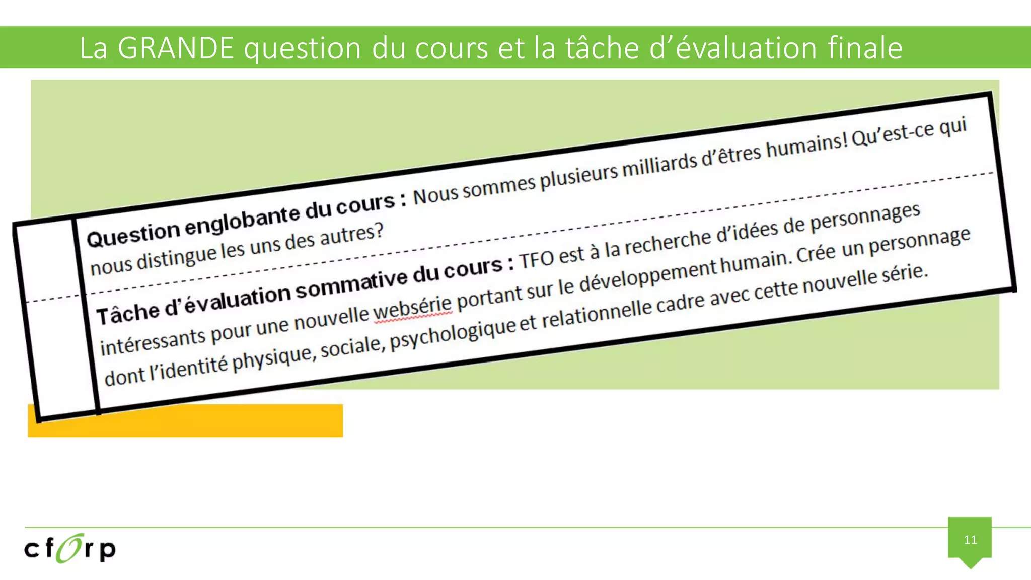 11
La GRANDE question du cours et la tâche d’évaluation finale