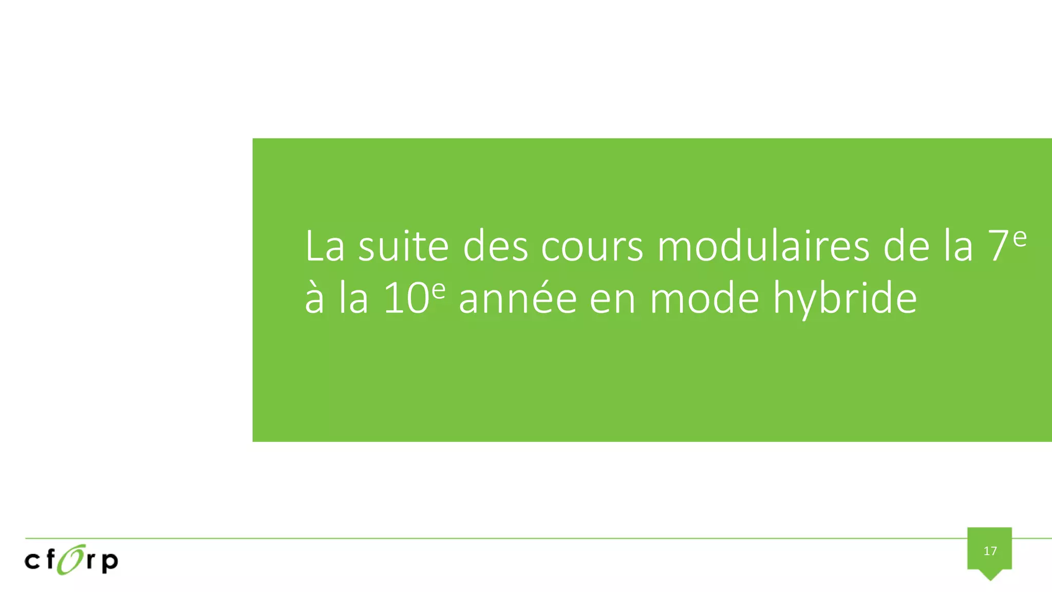 17
La suite des cours modulaires de la 7e
à la 10e année en mode hybride