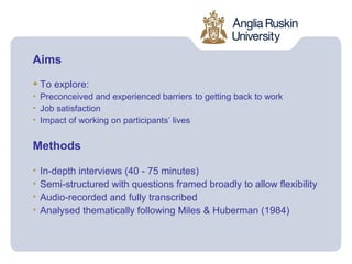 Aims

• To explore:
• Preconceived and experienced barriers to getting back to work
• Job satisfaction
• Impact of working on participants’ lives


Methods

•   In-depth interviews (40 - 75 minutes)
•   Semi-structured with questions framed broadly to allow flexibility
•   Audio-recorded and fully transcribed
•   Analysed thematically following Miles & Huberman (1984)
 
