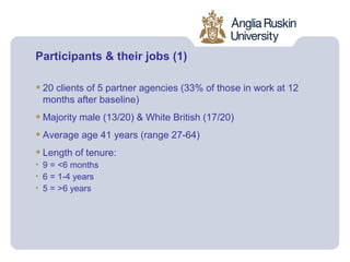 Participants & their jobs (1)

• 20 clients of 5 partner agencies (33% of those in work at 12
 months after baseline)
• Majority male (13/20) & White British (17/20)
• Average age 41 years (range 27-64)
• Length of tenure:
• 9 = <6 months
• 6 = 1-4 years
• 5 = >6 years
 