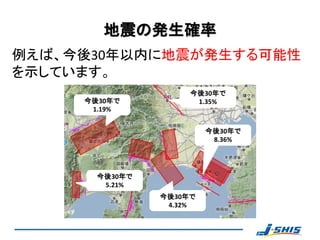 地震の発生確率
例えば、今後30年以内に地震が発生する可能性
を示しています。
                     今後30年で
     今後30年で           1.35%
      1.19%


                         今後30年で
                          8.36%




       今後30年で
        5.21%
                今後30年で
                 4.32%
 