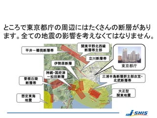 ところで東京都庁の周辺にはたくさんの断層があり
ます。全ての地震の影響を考えなくてはなりません。
                      関東平野北西縁
   平井－櫛挽断層帯            断層帯主部

                        立川断層帯
              伊勢原断層
                                 東京都庁
          神縄・国府津
          －松田断層            三浦半島断層群主部衣笠・
   曽根丘陵                       北武断層帯
    断層帯

                                大正型
  想定東海                          関東地震
   地震
 