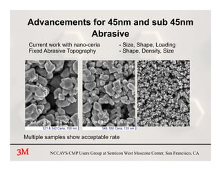 Advancements for 45nm and sub 45nm
              Abrasive
              Ab i
     Current work with nano-ceria                  - Size, Shape, Loading
                      p g p y
     Fixed Abrasive Topography                     - Shape, Density, Size
                                                         p ,       y,




          521 & 542 Ceria, 150 nm       548, 550 Ceria, 135 nm


 Multiple samples show acceptable rate
      p      p             p

3M             NCCAVS CMP Users Group at Semicon West Moscone Center, San Francisco, CA
 