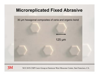 Microreplicated Fixed Abrasive

     30 µm hexagonal composites of ceria and organic bond




                                            125 µm




3M       NCCAVS CMP Users Group at Semicon West Moscone Center, San Francisco, CA
 