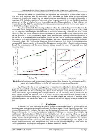 Aluminum Oxide-Silver Nanoparticle Interfaces for Memristive Applications
DOI: 10.9790/1676-10126267 www.iosrjournals.org 66 | Page
This time the device was switched from the state which was previously set by first voltage sweep to
even more high conducting state. For this voltage cycle, the device has shown bipolar resistive switching
behavior and the difference between the two states in this case was observed to be nearly of one order in
magnitude. With the further repetition of number of voltage sweep cycles, the device was found to be switched
alternatively in either of polarities between these conducting states. The expanded view of these behaviors can
be seen clearly in fig. 5(b). The repeatability of these measurements can also be seen from the same graph, it is
evident that they are quite reproducible.
Next, in order to check the switching mechanism behind this kind of charge transport behavior, the
obtained I-V curves were plotted in double logarithmic scale and the obtained results are given in fig. 6(a) and 6
(b). The set process representing the major transition of the device, shown in fig. 6(a) shows that in case of low
conducting state, the current response is almost consistent with the ohmic model except slight deviation near
low voltage region (< 0.28 V) and threshold region. This is attributed to the thermally generated free electrons at
the interface or in the nanoparticles layer from the electron injection. Near to threshold region and after taking
the transition, in the high conducting state, device has shown accordance with space charge limited conduction
behavior (1< slope < 2). This behavior shows that the injected electrons from the Al electrode can possibly
capture and fill the trapping sites in the oxide film. The electrons are able to flow effectively and continuously
through the heterojunction and the current increases sharply around five orders of magnitude as a high
conducting state.
Fig. 6: Double logarithmic graph representing set/reset operations of the device (a) first set operation, and (b)
second set operation. The inset of the fig. 6(b) represents reset operation of the device.
Fig. 6(b) provides the set and reset operations of minor transition taken by the device. From both the
graphs it is clear that high conducting and low conducting states during set and reset operations exhibit the same
transport mechanisms. For low conducting state, device shows the space charge limited conduction and is
almost similar to the high conducting state of major transition. For low conducting state of present case, the
device follows the ohm law behavior. Thus as an overall, the device takes transition from ohms behavior to
space charge limited current during major transition and then back to ohms law. This kind of transition in two
different steps shows that the obtained behavior is a result from the efficient hopping of charge carriers in the
film.
IV. Conclusions
In summary, we have constructed a resistive random access memory device by utilizing silver and
aluminum oxide nanoparticles as memristive elements for charge storage. Simple chemical routes have been
employed for nanoparticles synthesis. Dip coating and drop casting techniques were followed for heterojunction
formation between the two phases, whereas thermal evaporation technique was employed for creating the top
metal contacts. Characteristic nonvolatile resistive switching behavior with low operating voltage was observed
for the device. The transition from low to high conducting state was achieved in two different steps. The first
step has resulted into major transition with large Off/On ratio of 105
whereas second transition was observed
with one order difference in two conducting states. Here, as our study is focused on a single sized AgNPs, it can
also be extended to various other nanoparticles using their different size and morphology. Such studies are
crucially important in the design and development of potential memristive devices.
 