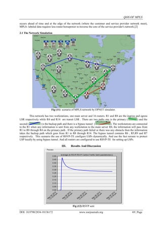 QOS OF MPLS
DOI: 10.9790/2834-10136172 www.iosrjournals.org 69 | Page
occurs ahead of time and at the edge of the network (where the customer and service provider network meet),
MPLS- labeled data requires less router horsepower to traverse the core of the service provider's network.[2]
2.1 The Network Simulation
Fig (11) scenario of MPLS network by OPNET simulator.
This network has two workstations, one main server and 16 routers. R1 and R8 are the ingress and egress
LSR respectively while R4 and R14 are transit LSR . There are two paths one is the primary ( ) and the
second ( ) is the backup path and there is a bypass tunnel ( ). The workstations are connected
to the R1 when any information is sent from any workstation to the main server R8, the information will pass from
R1 to R8 through R4 on the primary path . If the primary path failed or there was any obstacle then the information
takes the backup path which goes from R1 to R8 through R14. The bypass tunnel contains R6 , R5,R9 and R7
respectively. This scenario the use of RSVP-TE configure LSPs dynamically. And use the fact reroute to protect
LSP locally by using bypass tunnel. And all routers are configured to use RSVP-TE for setting up LSPs.
III. Results And Disccusion
Fig (12) RSVP sent
 