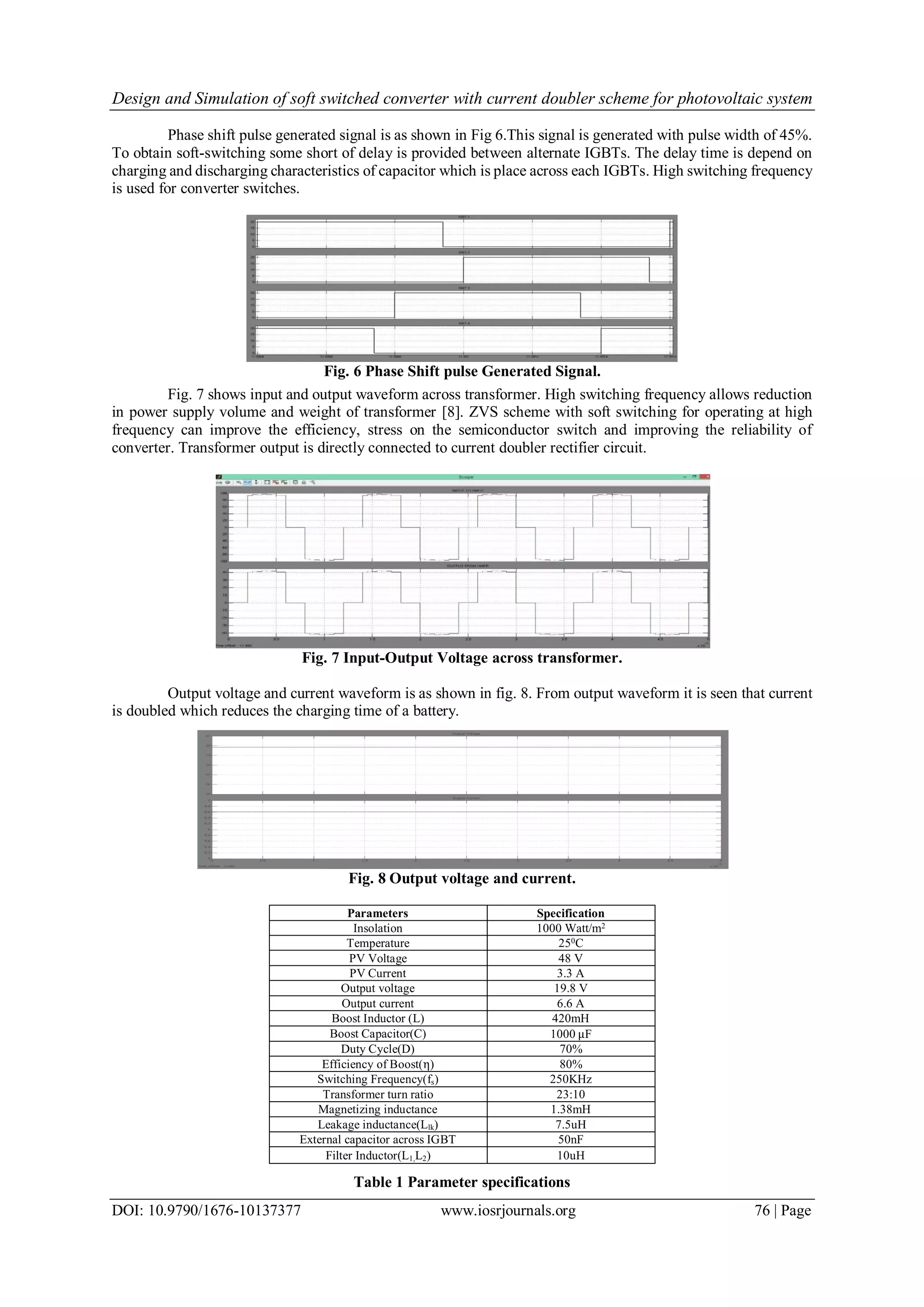 Design and Simulation of soft switched converter with current doubler scheme for photovoltaic system
DOI: 10.9790/1676-10137377 www.iosrjournals.org 76 | Page
Phase shift pulse generated signal is as shown in Fig 6.This signal is generated with pulse width of 45%.
To obtain soft-switching some short of delay is provided between alternate IGBTs. The delay time is depend on
charging and discharging characteristics of capacitor which is place across each IGBTs. High switching frequency
is used for converter switches.
Fig. 6 Phase Shift pulse Generated Signal.
Fig. 7 shows input and output waveform across transformer. High switching frequency allows reduction
in power supply volume and weight of transformer [8]. ZVS scheme with soft switching for operating at high
frequency can improve the efficiency, stress on the semiconductor switch and improving the reliability of
converter. Transformer output is directly connected to current doubler rectifier circuit.
Fig. 7 Input-Output Voltage across transformer.
Output voltage and current waveform is as shown in fig. 8. From output waveform it is seen that current
is doubled which reduces the charging time of a battery.
Fig. 8 Output voltage and current.
Table 1 Parameter specifications
Parameters Specification
Insolation 1000 Watt/m2
Temperature 250C
PV Voltage 48 V
PV Current 3.3 A
Output voltage 19.8 V
Output current 6.6 A
Boost Inductor (L) 420mH
Boost Capacitor(C) 1000 μF
Duty Cycle(D) 70%
Efficiency of Boost(η) 80%
Switching Frequency(fs) 250KHz
Transformer turn ratio 23:10
Magnetizing inductance 1.38mH
Leakage inductance(Llk) 7.5uH
External capacitor across IGBT 50nF
Filter Inductor(L1,L2) 10uH
 
