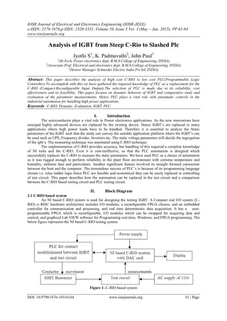 IOSR Journal of Electrical and Electronics Engineering (IOSR-JEEE)
e-ISSN: 2278-1676,p-ISSN: 2320-3331, Volume 10, Issue 3 Ver. I (May – Jun. 2015), PP 61-64
www.iosrjournals.org
DOI: 10.9790/1676-10316164 www.iosrjournals.org 61 | Page
Analysis of IGBT from Steep C-Rio to Slashed Plc
Jyothi S1
, K. Padmavathi2
, John Paul3
1
(M.Tech, Power electronics dept, B.M.S College of Engineering, INDIA)
2
(Associate.Prof, Electrical and electronics dept, B.M.S College of Engineering, INDIA)
3
(Senior Manager Schneider Electric India Pvt ltd, INDIA)
Abstract: This paper describes the analysis of high cost C-RIO to low cost PLC(Programmable Logic
Controller).To accomplish with this we have gathered the required knowledge of PLC as a replacement for the
C-RIO (Compact-Reconfigurable Input Output).The selection of PLC is made due to its reliability, cost
effectiveness and its feasibility. This paper focuses on dynamic behavior of IGBT and comparative study and
evaluation of the parameter measurements. Hence PLC plays a vital role with pneumatic controls in the
industrial automation for handling high power applications.
Keywords: C-RIO, Dynamic, Evaluation, IGBT, PLC.
I. Introduction
The semiconductor plays a vital role in Power electronics applications. As the new innovations have
emerged highly advanced devices are replaced by the existing device. Hence IGBT’s are replaced in many
applications where high power loads have to be handled. Therefore it is essential to analyze the Static
parameters of the IGBT such that the study can convey the suitable application platform where the IGBT’s can
be used such as UPS, Frequency divider, Inverters etc. The static voltage parameters will decide the segregation
of the igbt’s. The measuring technique was automated using C-RIO technique.
The implementation of C-RIO provides accuracy, but handling of this required a complete knowledge
of NI tools and the C-RIO. Even it is cost-ineffective, so that the PLC automation is designed which
successfully replaces the C-RIO to measure the static parameters. We have used PLC as a choice of automation
as it was rugged enough to perform reliability in the plant floor environment with extreme temperature and
humidity, airborne dust and particulates. Another significant feature involved its straight forward connection
between the host and the computer. The tremendous success of PLC’s is because of its programming language
chosen i.e. relay ladder logic.Since PLC are feasible and economical they can be easily replaced in controlling
of test circuit. This paper describes how the automation can be replaced in the test circuit and a comparison
between the C-RIO based testing circuit and PLC testing circuit.
II. Block Diagram
2.1 C-RIO based system
An NI based C-RIO system is used for designing the testing IGBT. A Compact real I/O system (C-
RIO) is RISC hardware architecture includes I/O modules, a reconfigurable FPGA chassis, and an embedded
controller for communication and processing, and real time deterministic data acquisition. It has a user-
programmable FPGA which is reconfigurable, I/O modules which can be swapped for acquiring data and
control, and graphical Lab VIEW software for Programming real-time, Windows, and FPGA programming. The
below figure represents the NI based C-RIO testing system.
Figure 1- C-RIO based system
 