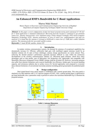 IOSR Journal of Electronics and Communication Engineering (IOSR-JECE)
e-ISSN: 2278-2834,p- ISSN: 2278-8735.Volume 10, Issue 4, Ver. II (Jul - Aug .2015), PP 60-62
www.iosrjournals.org
DOI: 10.9790/2834-10426062 www.iosrjournals.org 60 | Page
An Enhanced RMPA Bandwidth for C-Band Applications
Marwa Maki Hamed
Master Degree in Electronics and Communications Engineering University of Baghdad
Department of Computer Engineering Techniques Dijlah University College
Abstract: In this paper a novel configuration of dual slot based arraymicrostrip patch antennaof 32×46 mm²
for C band application is simulated andanalyzed. Microstrip feed line location is optimized to get minimum
return loss. Antenna characteristics were simulated using a Finite Integral Technique (FIT) based Computer
Simulation Technology (CST). Antenna performance in term of return loss, radiationpattern and gain are
analyzed. It is found that the antenna is resonant at 6GHzwith a return loss of -33dB and a stable radiation
patterns. This antenna predict for successful satellite systems.
Keywords: C- band, RPAM, satellite, slotted, FIT.
I. Introduction
In modern wireless communication systems, the demand for antennas of exceptional capabilities has
dramatically increase [1]. Efficient, sufficiently high gain with multiband support antennas would be an
idealistic solution [2]. In spite of these challenges, antenna design specifications are rarely relaxed. Thus,
achieving the desired antenna’s performance generally becomes difficult to cope within the continuous
developments in the wireless communications industry [3]. Microstrip patch antennas, which have many
advantages such as slim profile, ease of fabrication, low production cost, lightweight, and compatible with
Monolithic Microwave Integrated Circuit (MMIC) design could be aFrontier [4]. However, microstrip antennas
also suffer from inherent limitations such a narrow bandwidth, low efficiency, modest gain, low power-handling
capacity, and extraneous radiation due to surface waves [5]. Several approaches were proposed to overcome
these inherent limitations of conventional microstrip antennas including partial ground plain [6] andslotted patch
[7].
II. Design configuration
Dual slotted based Array patch antenna is established with a partial ground plain. This array patch is
attached to an FR4 substrate with εr=4.3 and loss tangent of=0.025. Also, a partial ground plane is optimized to
get large bandwidth, also, a parametric study is perform to achieve the maximum bandwidth.Fig (1) illustrate the
proposed antenna.
Figure (1) the dimensions, and layout of the proposed antenna.
Table 1: Antenna Dimension
Parameter Length mm
W1 32
W2 16
W3 9.25
W4 5.25
W5 4.63
W6 2.14
L1 46
L2 23
L3 4
L4 4
L5 11.5
 