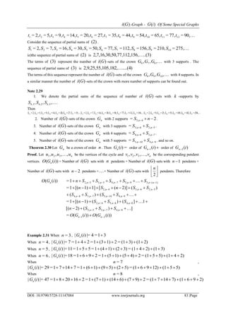 )(Gi -Graph - )(iG Of Some Special Graphs
DOI: 10.9790/5728-11147084 www.iosrjournals.org 83 |Page
90,=77,=65,=54,=44,=35,=27,=20,=14,=9,=5,=2,= 121110987654321 tttttttttttt
Consider the sequence of partial sums of (2) .
275,=210,=156,=112,=77,=50,=30,=16,=7,=2,= 10987654321 SSSSSSSSSS
ie)the sequence of partial sums of (2) is ..(3)156,50,77,112,2,7,16,30, 
The terms of (3) represent the number of )(Gi -sets of the crown ,,, 876 GGG with 3 supports . The
sequence of partial sums of (3) is ....(4)105,182,2,9,25,55, 
The terms of this sequence represent the number of )(Gi -sets of the crown ,,, 1098 GGG with 4 supports. In
a similar manner the number of )(Gi -sets of the crown with more number of supports can be found out.
Note 2.29
1. We denote the partial sums of the sequence of number of )(Gi -sets with k -supports by
,,, ,3,2,1 kkk SSS .
Then
 294,=182,=105,=55,=25,=9,=2,=156,=112,=77,=50,=30,=16,=7,=2,=35,=27,=20,=14,=9,=5,=2,= 4,74,64,54,44,34,24,13,83,73,63,53,43,33,23,12,72,62,52,42,32,22,1 SSSSSSSSSSSSSSSSSSSSSS
2. Number of )(Gi -sets of the crown nG with 2 supports 2= 42,  nS n .
3. Number of )(Gi -sets of the crown nG with 3 supports 52,63,=   nn SS .
4. Number of )(Gi -sets of the crown nG with 4 supports 73,84,=   nn SS .
5. Number of )(Gi -sets of the crown nG with 5 supports 94,105,=   nn SS . and so on.
Theorem 2.30 Let nG be a crown of order n . Then =)(iGn order of  )(1 iGn order of )(2 iGn
Proof. Let nuuuu ,,,, 321  be the vertices of the cycle and nvvvv ,,,, 321  be the corresponding pendent
vertices. ))(( iGO n = Number of )(Gi sets with n pendents + Number of )(Gi -sets with 1n pendents +
Number of )(Gi -sets with 2n pendents ++ Number of )(Gi -sets with 



2
n
pendents. Therefore
))(())((=
])(2)[(
1]()(1)[(1=
()(
)(2)]([1]1)[(1=
1=))((
21
94,73,52,
84,63,42,
94,105,73,84,
52,63,42,
1)(3,95,74,53,32,
iGOiGO
SSSn
SSSn
SSSS
SSnSn
SSSSSniGO
nn
nnn
nnn
nnnn
nnn
nnnnnnn
















Example 2.31 When 3=n , 31=4|=)(| iGn
When 4=n , 2)(13)(1=21)(31=241=7|=)(| iGn
When 5=n , 3)(12)4(1=3)(21)(41=551=11|=)(| iGn
When 6=n , 2)4(15)5(1=24)(51)(51=2961=18|=)(| iGn
When 7=n ,
5)5(112)96(1=5)(25)(91)(61=71471=29|=)(| iGn
When 8=n ,
2)96(17)147(1=29)(76)(141)(71=2162081=47|=)(| iGn
 