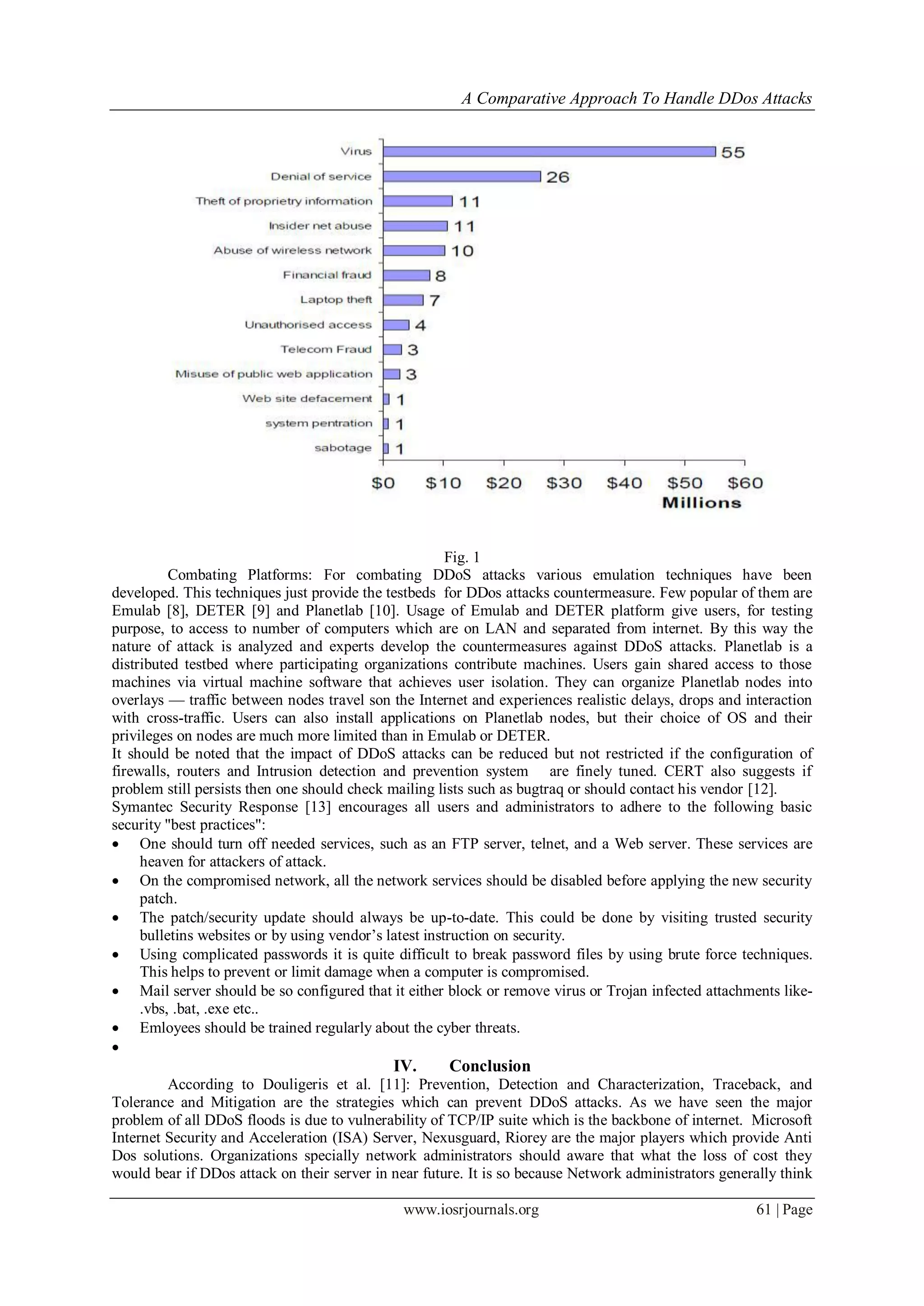 A Comparative Approach To Handle DDos Attacks
www.iosrjournals.org 61 | Page
Fig. 1
Combating Platforms: For combating DDoS attacks various emulation techniques have been
developed. This techniques just provide the testbeds for DDos attacks countermeasure. Few popular of them are
Emulab [8], DETER [9] and Planetlab [10]. Usage of Emulab and DETER platform give users, for testing
purpose, to access to number of computers which are on LAN and separated from internet. By this way the
nature of attack is analyzed and experts develop the countermeasures against DDoS attacks. Planetlab is a
distributed testbed where participating organizations contribute machines. Users gain shared access to those
machines via virtual machine software that achieves user isolation. They can organize Planetlab nodes into
overlays — traffic between nodes travel son the Internet and experiences realistic delays, drops and interaction
with cross-traffic. Users can also install applications on Planetlab nodes, but their choice of OS and their
privileges on nodes are much more limited than in Emulab or DETER.
It should be noted that the impact of DDoS attacks can be reduced but not restricted if the configuration of
firewalls, routers and Intrusion detection and prevention system are finely tuned. CERT also suggests if
problem still persists then one should check mailing lists such as bugtraq or should contact his vendor [12].
Symantec Security Response [13] encourages all users and administrators to adhere to the following basic
security "best practices":
 One should turn off needed services, such as an FTP server, telnet, and a Web server. These services are
heaven for attackers of attack.
 On the compromised network, all the network services should be disabled before applying the new security
patch.
 The patch/security update should always be up-to-date. This could be done by visiting trusted security
bulletins websites or by using vendor‘s latest instruction on security.
 Using complicated passwords it is quite difficult to break password files by using brute force techniques.
This helps to prevent or limit damage when a computer is compromised.
 Mail server should be so configured that it either block or remove virus or Trojan infected attachments like-
.vbs, .bat, .exe etc..
 Emloyees should be trained regularly about the cyber threats.

IV. Conclusion
According to Douligeris et al. [11]: Prevention, Detection and Characterization, Traceback, and
Tolerance and Mitigation are the strategies which can prevent DDoS attacks. As we have seen the major
problem of all DDoS floods is due to vulnerability of TCP/IP suite which is the backbone of internet. Microsoft
Internet Security and Acceleration (ISA) Server, Nexusguard, Riorey are the major players which provide Anti
Dos solutions. Organizations specially network administrators should aware that what the loss of cost they
would bear if DDos attack on their server in near future. It is so because Network administrators generally think
 