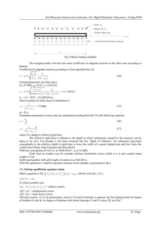 Soil Structure Interaction Calculus, For Rigid Hydraulic Structures, Using FEM
DOI: 10.9790/1684-12546068 www.iosrjournals.org 65 | Page
V e rtic a l s o il s p rin g (p = k w )
B e a m (E , I)
lo a d q
l
w
x
S h e a r la y e r (g )
V e rtic a l s o il s p rin g (p = k ·l/2 ·w )
B e a m (E , I)
lo a d q
l
w
x
S h e a r la y e r (g )
a ) c o n tin u u m b e a rin g
b ) te rm in a l p o in ts b e a rin g
Fig. 6 Beam loading schedule
The marginal nodes will have the same coefficient of subgrade reaction as the other ones according to
Bowles
Coefficient of subgrade reaction according to Vesić apud Bowles [5]
4
1 2
2
0 .6 5
(1 )
p p
b b p
E B E
k
E I B 


(24)
Ground parameters are (silty clay):
Ep=35 MPa; μp=0,35; γp=19 kN/m3
4
1 2
2
3 5 3 .2 3 5
0 .6 5 5 8 7 5
2 6 0 0 0 6 .6 7 3 .2 (1 0 .3 5 )
k

 
 
kN/m3
ks = 3.2 · 5875 = 28 200 kN/m;
Shear modulus for shear layer in foundation is
2 (1 )
p
p
E
g



= 13 Mpa (25)
gs= B· g
Foundation parameters k and g may be calculated according Horvath [7] with following relations
p
E
k
H
 (26)
2 (1 ) 2
p
p
E H
g



(27)
where H is depth to effective rigid base
The effective rigid base is defined as the depth at which settlements caused by the structure can be
taken to be zero. For decades it has been assumed that the “depth of influence” for settlement equivalent
conceptually to the effective depth to rigid base is twice the width of a square loaded area and four times the
width of an infinite strip-Colasanti and Horvath [8]
With this assumptions H=6,4 m ; k=5468 kN/m2
; g=41,5 MPa
Earth load on conduit may be consider uniform distributed (crown width is 6 m and conduit beam
length is 9 m).
Earth load together with self weight of conduit is q=826 kN/m
With this parameter it shall be calculate structure wich schedule is presented in fig 6
3.3. Solving equilibrium equation sistem
Matrix equation is (8)        e w g
S S S d q   
 
, whitch write like (1) is
    S D Q
in which members are:
     e w g
S S S S   
  = stiffness matrix
{D}={d} = displacement vector
{Q}={q} = load (force) vector.
Solving ecuation (1) is by partitioning matrix S; D and Q whereby it separate out free displacement for degree
of freedom (2 and 4) by degree of freedom with elastic bearings (1 and 3)- Jerca [9], see Fig 7
 