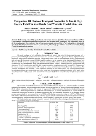 International Journal of Engineering Inventions
ISSN: 2278-7461, www.ijeijournal.com
Volume 1, Issue 3 (September 2012) PP: 66-69


   Comparison Of Electron Transport Properties In Inn At High
   Electric Field For Zincblende And Wurtzite Crystal Structure
                       Hadi Arabshahi1, Adeleh Zamiri2 and Hossain Tayarani3
                1
                 physics Department, Payame Noor University, P. O. Box 19395-4697, Tehran, Iran
                         2
                          physics Department, Higher Education Khayyam, Mashhad, Iran



Abstract––Drift velocity and mobility of zincblende and wurtzite structure of InN has been calculated using a Monte
Carlo technique. All dominated scattering processes have been included in our calculations. Our simulation is based on
the three valley model. Our result show that InN has a electron field velocity of 3.6×10 5 m/s in break down electric field
of 1.71×107 V/m for zincblende structure and has a electron field velocity of 2.8×10 5 m/s in break down electric field of
3.34×107 V/m for wurtzite structure.

Keywords––Drift Velocity; Mobility; Zincblende; Wurtzite; Electric Field.

                                             I.          INTRODUCTION
           The small band gap of InN and higher electric pick drift velocity than other III-Nitride materials make InN a
promising material for high-speed electron devices and also it could be suitable for optoelectric devices [1]. InN normally
crystallized in the wurtzite (hexagonal) structure. The zincbelnde (cubic) form has been reported to occur in films containing
both polytypes [2]. Compared wurtzite (WZ) InN much less is known on the properties of the zincblende (ZB) phase of InN.
However, ZB InN layers have been grown and electronic structure of this material has been calculated [3,4].Unfortunately,
so far result on the carrier transport in this InN phase have been reported. This lack has motivated us to recalculate the band
structure of ZB InN to perform low- and high-field transport simulation using the ensemble MC method [5,6].The purpose of
the present paper is to calculate electron drift velocity for various temperature and ionized-impurity concentrations. The
formation itself applies only to central Γ valley conduction band and the two nearest valleys. The calculated band structure
has been approximated by a nonparabolic three-valley model with the conduction band minima located at Γ,U and K points
at wurtzite structure and Γ,X and L points at zincblende structure in the Brillouin zone. The valley have been approximated
by



Where ħ is the reduced plank constant, k is the wave vector, and  is the electron energy relative to the bottom of the valleys
[7].
                                      II.           SIMULATION METHOD
           The ensemble Monte Carlo techniques have been used for well over 30 years as a numerical method to simulate
nonequilibrium transport in semiconductor materials and devices and has been the subject of numerous books and reviews
[8]. In order to calculate the electron drift velocity for large electric field, consideration of conduction band satellite valleys
is necessary. A three-valley model for the conduction band is employed. we assume that all donors are ionized and that the
free-electron concentration is equal to the dopant concentration. For each simulation, the motion of ten thousand electron
particles are examined, the temperature being set to 300K, and the doping concentration being set to 10 23 cm-3. Electrons in
bulk material in bulk material suffer intervalley scattering by polar optical, nonpolar optical and acoustic phonons scattering,
intervalley phonons, and ionized impurity scattering. Electron transport is studied using the single Monte Carlo method.
           The band structure and material parameters necessary for calculation the scattering probabilities used in present
Monte Carlo simulation are given in table 1 [2].
            Parameter                                                  Wurtzite InN               Zincblende InN

            Band gap (eV)                                                      1.89                      1.94
            Electron effective mass (m*)                                       0.11                      0.07
            Nonparapolicity (eV-1)                                            0.419                     0.245
            Low-Frequency dielectric Constant                                  15.3                     12.45
            High-Frequency dielectric Constant                                 8.4                        8.4
            Density (kgm-3)                                                   6810                      6970
            Sound velocity (ms-1)                                             6240                      5200
            Acoustic Deformation Potential (eV)                                7.1                        7.1
            Polar optical phonon energy (eV)                                  0.089                     0.089

                     Table 1: Important parameters used in our calculations for WZ and ZB InN [2]

                                                                                                                               66
 