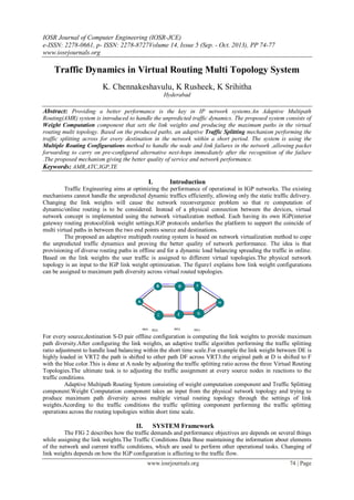 IOSR Journal of Computer Engineering (IOSR-JCE)
e-ISSN: 2278-0661, p- ISSN: 2278-8727Volume 14, Issue 5 (Sep. - Oct. 2013), PP 74-77
www.iosrjournals.org
www.iosrjournals.org 74 | Page
Traffic Dynamics in Virtual Routing Multi Topology System
K. Chennakeshavulu, K Rusheek, K Srihitha
Hyderabad
Abstract: Providing a better performance is the key in IP network systems.An Adaptive Multipath
Routing(AMR) system is introduced to handle the unpredicted traffic dynamics. The proposed system consists of
Weight Computation component that sets the link weights and producing the maximum paths in the virtual
routing multi topology. Based on the produced paths, an adaptive Traffic Splitting mechanism performing the
traffic splitting across for every destination in the network within a short period. The system is using the
Multiple Routing Configurations method to handle the node and link failures in the network ,allowing packet
forwarding to carry on pre-configured alternative next-hops immediately after the recognition of the failure
.The proposed mechanism giving the better quality of service and network performance.
Keywords: AMR,ATC,IGP,TE
I. Introduction
Traffic Engineering aims at optimizing the performance of operational in IGP networks. The existing
mechanisms cannot handle the unpredicted dynamic traffics efficiently, allowing only the static traffic delivery.
Changing the link weights will cause the network reconvergence problem so that re computation of
dynamic/online routing is to be considered. Instead of a physical connection between the devices, virtual
network concept is implemented using the network virtualization method. Each having its own IGP(interior
gateway routing protocol)link weight settings.IGP protocols underlies the platform to support the coincide of
multi virtual paths in between the two end points source and destinations.
The proposed an adaptive multipath routing system is based on network virtualization method to cope
the unpredicted traffic dynamics and proving the better quality of network performance. The idea is that
provisioning of diverse routing paths in offline and for a dynamic load balancing spreading the traffic in online.
Based on the link weights the user traffic is assigned to different virtual topologies.The physical network
topology is an input to the IGP link weight optimization. The figure1 explains how link weight configurations
can be assigned to maximum path diversity across virtual routed topologies.
For every source,destination S-D pair offline configuration is computing the link weights to provide maximum
path diversity.After configuring the link weights, an adaptive traffic algorithm performing the traffic splitting
ratio adjustment to handle load balancing within the short time scale.For example the link weight between DE is
highly loaded in VRT2 the path is shifted to other path DF across VRT3.the original path at D is shifted to F
with the blue color.This is done at A node by adjusting the traffic splitting ratio across the three Virtual Routing
Topologies.The ultimate task is to adjusting the traffic assignment at every source nodes in reactions to the
traffic conditions.
Adaptive Multipath Routing System consisting of weight computation component and Traffic Splitting
component.Weight Computation component takes an input from the physical network topology and trying to
produce maximum path diversity across multiple virtual routing topology through the settings of link
weights.Acording to the traffic conditions the traffic splitting component performing the traffic splitting
operations across the routing topologies within short time scale.
II. SYSTEM Framework
The FIG 2 describes how the traffic demands and performance objectives are depends on several things
while assigning the link weights.The Traffic Conditions Data Base maintaining the information about elements
of the network and current traffic conditions, which are used to perform other operational tasks. Changing of
link weights depends on how the IGP configuration is affecting to the traffic flow.
 