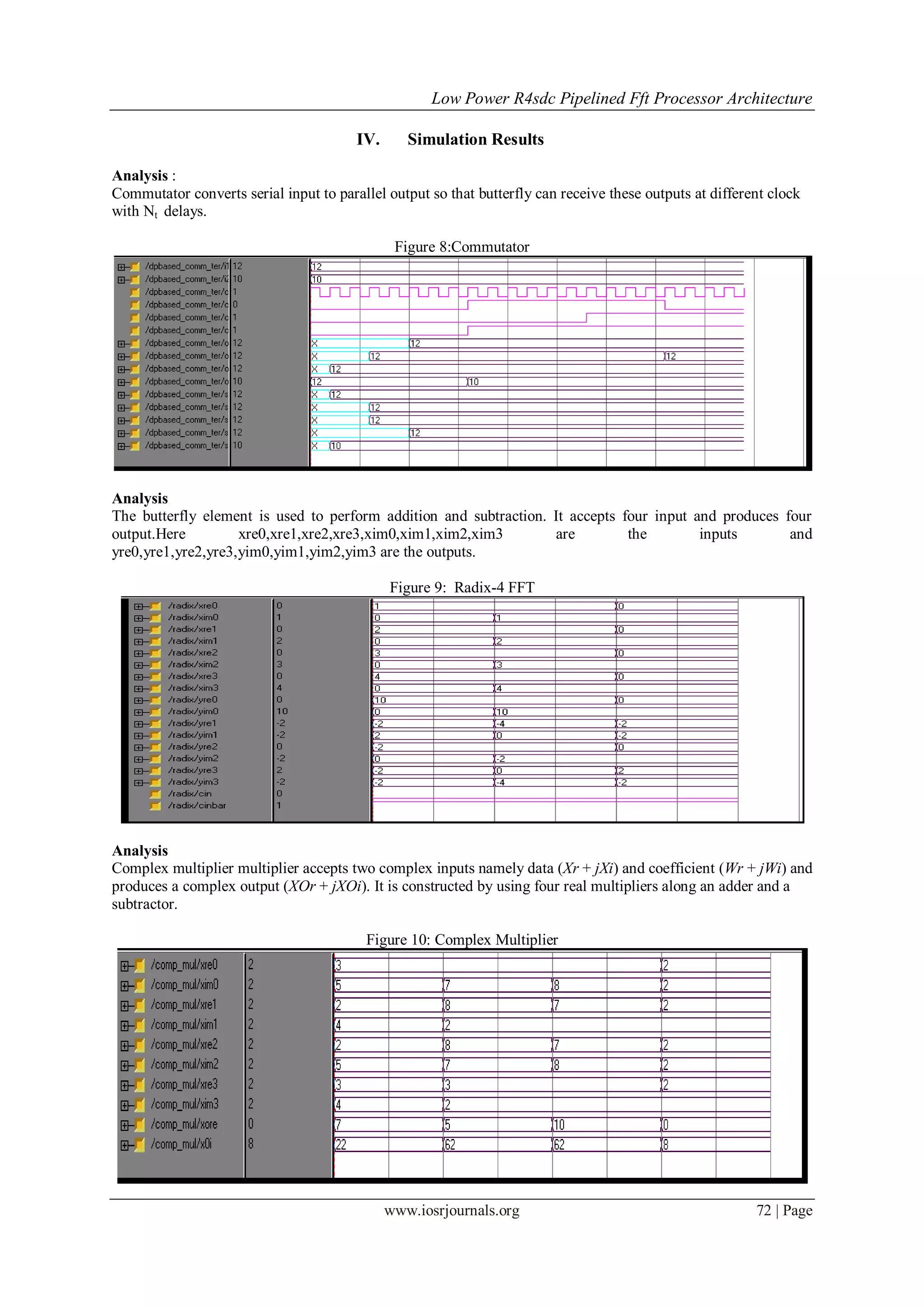Low Power R4sdc Pipelined Fft Processor Architecture
www.iosrjournals.org 72 | Page
IV. Simulation Results
Analysis :
Commutator converts serial input to parallel output so that butterfly can receive these outputs at different clock
with Nt delays.
Figure 8:Commutator
Analysis
The butterfly element is used to perform addition and subtraction. It accepts four input and produces four
output.Here xre0,xre1,xre2,xre3,xim0,xim1,xim2,xim3 are the inputs and
yre0,yre1,yre2,yre3,yim0,yim1,yim2,yim3 are the outputs.
Figure 9: Radix-4 FFT
Analysis
Complex multiplier multiplier accepts two complex inputs namely data (Xr + jXi) and coefficient (Wr + jWi) and
produces a complex output (XOr + jXOi). It is constructed by using four real multipliers along an adder and a
subtractor.
Figure 10: Complex Multiplier
 