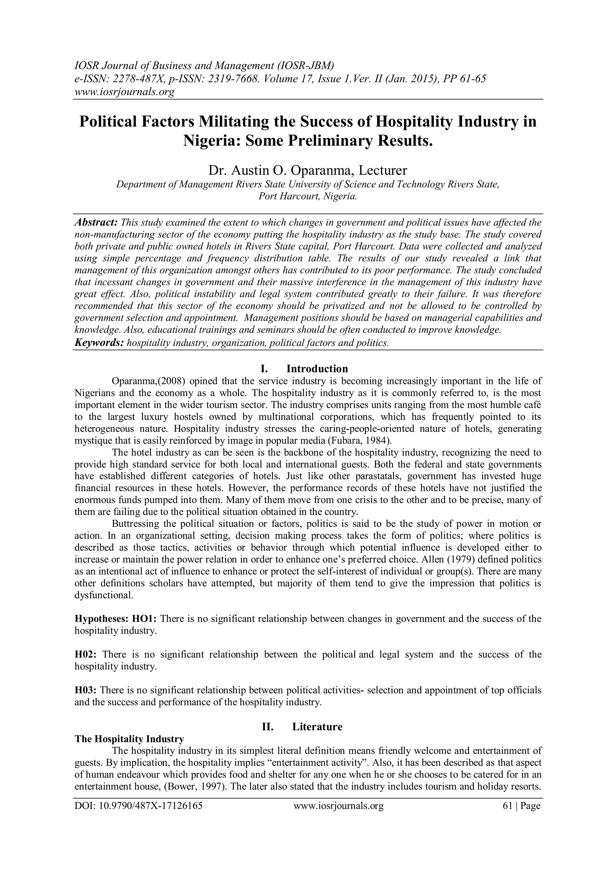 Political Factors Militating the Success of Hospitality Industry in ...