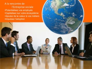 “56% of organizations believe a
better understanding of business
value will improve the adoption
of social collaboration tools.”
Forrester Research, Social Business: Delivering Critical Value 2012
A la rencontre de
l’Entreprise sociale
•Potentialisez vos employés
•Capitalisez sur votre écosystème
•Ajoutez de la valeur à vos métiers
•Impulsez l’adoption
 