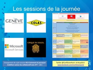 Les sessions de la journée
Changement de sujet session B13 Comment et pourquoi
mobiliser autour du collaboratif avec SP ? J2-1
Twitter @ConfSharePoint et #csp2013
: www.facebook.com/Confsharepoint
 