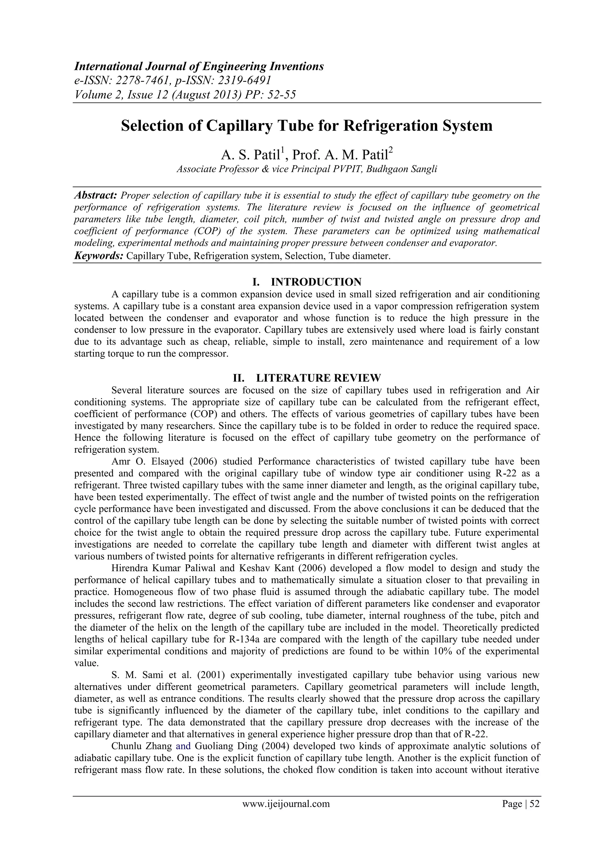 Selection of Capillary Tube for Refrigeration System | PDF