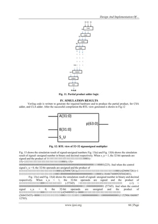 Design And Implementation Of…
www.ijesi.org 66 | Page
Fig. 11. Partial product adder logic.
IV. SIMULATION RESULTS
Verilog code is written to generate the required hardware and to produce the partial product, for CSA
adder, and CLA adder. After the successful compilation the RTL view generated is shown in Fig.12
Fig. 12: RTL view of 32×32 signunsigned multiplier
Fig. 13 shows the simulation result of signed-unsigned numbers Fig. 13(a) and Fig. 13(b) shows the simulation
result of signed- unsigned number in binary and decimal respectively. When s_u = 1, the 32-bit operands are
signed and the product of 11111111111111111111111111110001(-
15)×11111111111111111111111111110001(-15)=
0000000000000000000000000000000000000000000000000000000011100001(225). And when the control
signal s_u = 0, the 32-bit operands are unsigned and the product of
11111111111111111111111111110001(4294967281)x11111111111111111111111111110001(4294967281)=1
111111111111111111111111111000100000000000000000000000011100001(18446744009285042401).
Fig. 13(c) and Fig. 13(d) shows the simulation result of signed- unsigned number in binary and decimal
respectively. When s_u = 1, the 32-bit operands are signed and the product of
11111111111111110001111111111111 (-57345) ×11111111111111111111111111111111 (-1) =
0000000000000000000000000000000000000000000000001110000000000001 (57345). And when the control
signal s_u = 0, the 32-bit operands are unsigned and the product of
11111111111111110001111111111111(4294909951)×00001111111111111111111111111111
(268435455)=0000111111111111111100011111111011110000000000001110000000000001(11529061068807
12705).
 