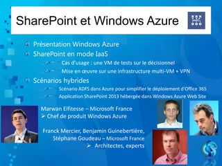 Présentation Windows Azure
SharePoint en mode IaaS
Cas d’usage : une VM de tests sur le décisionnel
Mise en œuvre sur une infrastructure multi-VM + VPN
Scénarios hybrides
Scénario ADFS dans Azure pour simplifier le déploiement d'Office 365
Application SharePoint 2013 hébergée dans Windows Azure Web Site
SharePoint et Windows Azure
Marwan Elfitesse – Microsoft France
 Chef de produit Windows Azure
Franck Mercier, Benjamin Guinebertière,
Stéphane Goudeau – Microsoft France
 Architectes, experts
 