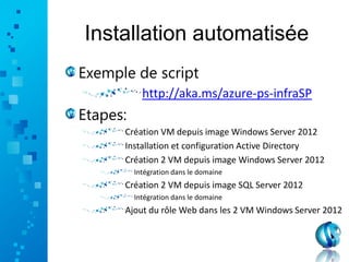Installation automatisée
Exemple de script
http://aka.ms/azure-ps-infraSP
Etapes:
Création VM depuis image Windows Server 2012
Installation et configuration Active Directory
Création 2 VM depuis image Windows Server 2012
Intégration dans le domaine
Création 2 VM depuis image SQL Server 2012
Intégration dans le domaine
Ajout du rôle Web dans les 2 VM Windows Server 2012
 