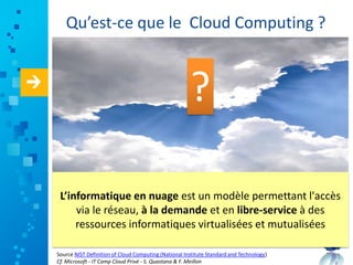 Qu’est-ce que le Cloud Computing ?
L’informatique en nuage est un modèle permettant l'accès
via le réseau, à la demande et...