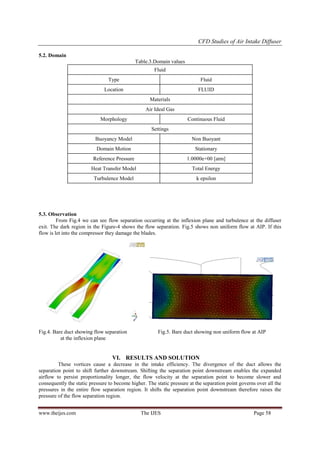CFD Studies of Air Intake Diffuser
5.2. Domain
Table.3.Domain values
Fluid
Type

Fluid

Location

FLUID
Materials
Air Ideal Gas

Morphology

Continuous Fluid
Settings

Buoyancy Model

Non Buoyant

Domain Motion

Stationary

Reference Pressure

1.0000e+00 [atm]

Heat Transfer Model

Total Energy

Turbulence Model

k epsilon

5.3. Observation
From Fig.4 we can see flow separation occurring at the inflexion plane and turbulence at the diffuser
exit. The dark region in the Figure-4 shows the flow separation. Fig.5 shows non uniform flow at AIP. If this
flow is let into the compressor they damage the blades.

Fig.4. Bare duct showing flow separation
at the inflexion plane

Fig.5. Bare duct showing non uniform flow at AIP

VI. RESULTS AND SOLUTION
These vortices cause a decrease in the intake efficiency. The divergence of the duct allows the
separation point to shift further downstream. Shifting the separation point downstream enables the expanded
airflow to persist proportionality longer, the flow velocity at the separation point to become slower and
consequently the static pressure to become higher. The static pressure at the separation point governs over all the
pressures in the entire flow separation region. It shifts the separation point downstream therefore raises the
pressure of the flow separation region.
www.theijes.com

The IJES

Page 58

 