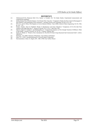 CFD Studies of Air Intake Diffuser
REFERENCE
[1]
[2]
[3]
[4]
[5]
[6]
[7]
[8]
[9]

Abrahamsent.P.E.H, Pettersson Reifi. B.A, Szetrar. L, Fossdalt. J.B, “Air Intake Studies: Experimental measurements and
computational modelling”.
Akshoy Ranjan Paul, Pritanshu Ranjan, Vivek Kumar Patel, Anuj Jain, “Comparative Studies On Flow Control In Rectangular SDuct Diffuser Using Submerged-Vortex Generators”- Aerospace Science and Technology 28 (2013) 332–343.
R.W. Fox, and S.J. Kline, Flow Regimes in Curves Subsonic Diffuser. Trans ASME, Journal of Basic Engineering, Vol. 84, 1962,
pp. 303 – 316
Frederic Smith.C, Steve D. Podleskif, Wendy S. Barankiewicz and Susan Zeleznik.Z, “Comparison of F/A-18A Inlet Flow
Analyses with Flight Data Part 2”- Journal of Aircraft, Vol. 33, No. 3, May-June 1996.
Saha.K, Singh.S.N, Seshadri.V, and Mukhopadhyay.S, “Computational Analysis on Flow through Transition S-Diffusers: Effect
of Inlet Shape”- Journal of Aircraft, Vol. 44, No. 1, January–February 2007.
Stanley R. Mohler Jr, “Wind-Us Flow Calculations For The M2129 S-Duct Using Structured And Unstructured Grids”- (AIAA2004-0525)
Mattingly, J.D. (2006) „Elements of Propulsion : Gas Turbines and Rockets‟.
Oates, G.C. (1985) „Aerothermodynamics of Aircraft Engine Components‟.
Saravanamuttoo, Cohen, H., Rogers, GFC., HIH. (1996) „Gas Turbine Theory‟.

www.theijes.com

The IJES

Page 59

 