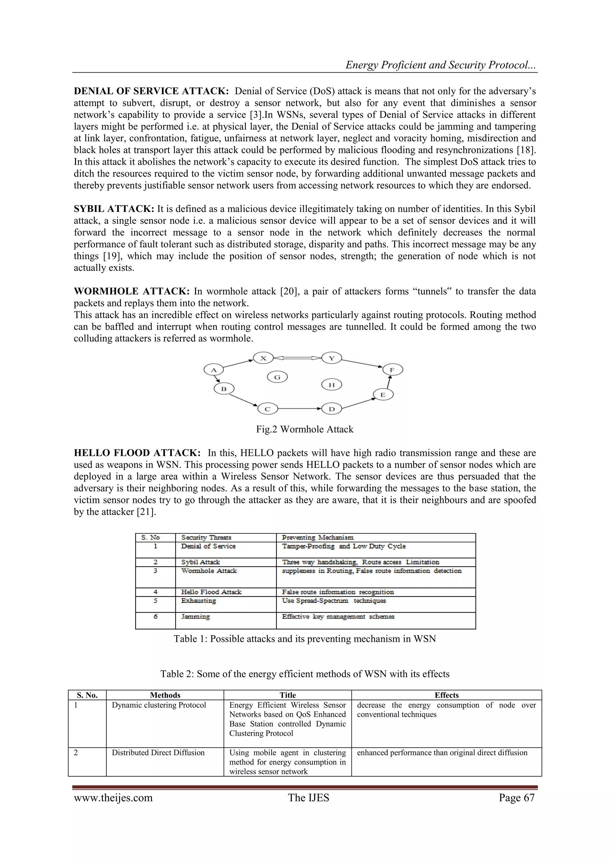 Energy Proficient and Security Protocol...
www.theijes.com The IJES Page 67
DENIAL OF SERVICE ATTACK: Denial of Service (DoS) attack is means that not only for the adversary’s
attempt to subvert, disrupt, or destroy a sensor network, but also for any event that diminishes a sensor
network’s capability to provide a service [3].In WSNs, several types of Denial of Service attacks in different
layers might be performed i.e. at physical layer, the Denial of Service attacks could be jamming and tampering
at link layer, confrontation, fatigue, unfairness at network layer, neglect and voracity homing, misdirection and
black holes at transport layer this attack could be performed by malicious flooding and resynchronizations [18].
In this attack it abolishes the network’s capacity to execute its desired function. The simplest DoS attack tries to
ditch the resources required to the victim sensor node, by forwarding additional unwanted message packets and
thereby prevents justifiable sensor network users from accessing network resources to which they are endorsed.
SYBIL ATTACK: It is defined as a malicious device illegitimately taking on number of identities. In this Sybil
attack, a single sensor node i.e. a malicious sensor device will appear to be a set of sensor devices and it will
forward the incorrect message to a sensor node in the network which definitely decreases the normal
performance of fault tolerant such as distributed storage, disparity and paths. This incorrect message may be any
things [19], which may include the position of sensor nodes, strength; the generation of node which is not
actually exists.
WORMHOLE ATTACK: In wormhole attack [20], a pair of attackers forms “tunnels‟ to transfer the data
packets and replays them into the network.
This attack has an incredible effect on wireless networks particularly against routing protocols. Routing method
can be baffled and interrupt when routing control messages are tunnelled. It could be formed among the two
colluding attackers is referred as wormhole.
Fig.2 Wormhole Attack
HELLO FLOOD ATTACK: In this, HELLO packets will have high radio transmission range and these are
used as weapons in WSN. This processing power sends HELLO packets to a number of sensor nodes which are
deployed in a large area within a Wireless Sensor Network. The sensor devices are thus persuaded that the
adversary is their neighboring nodes. As a result of this, while forwarding the messages to the base station, the
victim sensor nodes try to go through the attacker as they are aware, that it is their neighbours and are spoofed
by the attacker [21].
Table 1: Possible attacks and its preventing mechanism in WSN
Table 2: Some of the energy efficient methods of WSN with its effects
S. No. Methods Title Effects
1 Dynamic clustering Protocol Energy Efficient Wireless Sensor
Networks based on QoS Enhanced
Base Station controlled Dynamic
Clustering Protocol
decrease the energy consumption of node over
conventional techniques
2 Distributed Direct Diffusion Using mobile agent in clustering
method for energy consumption in
wireless sensor network
enhanced performance than original direct diffusion
 