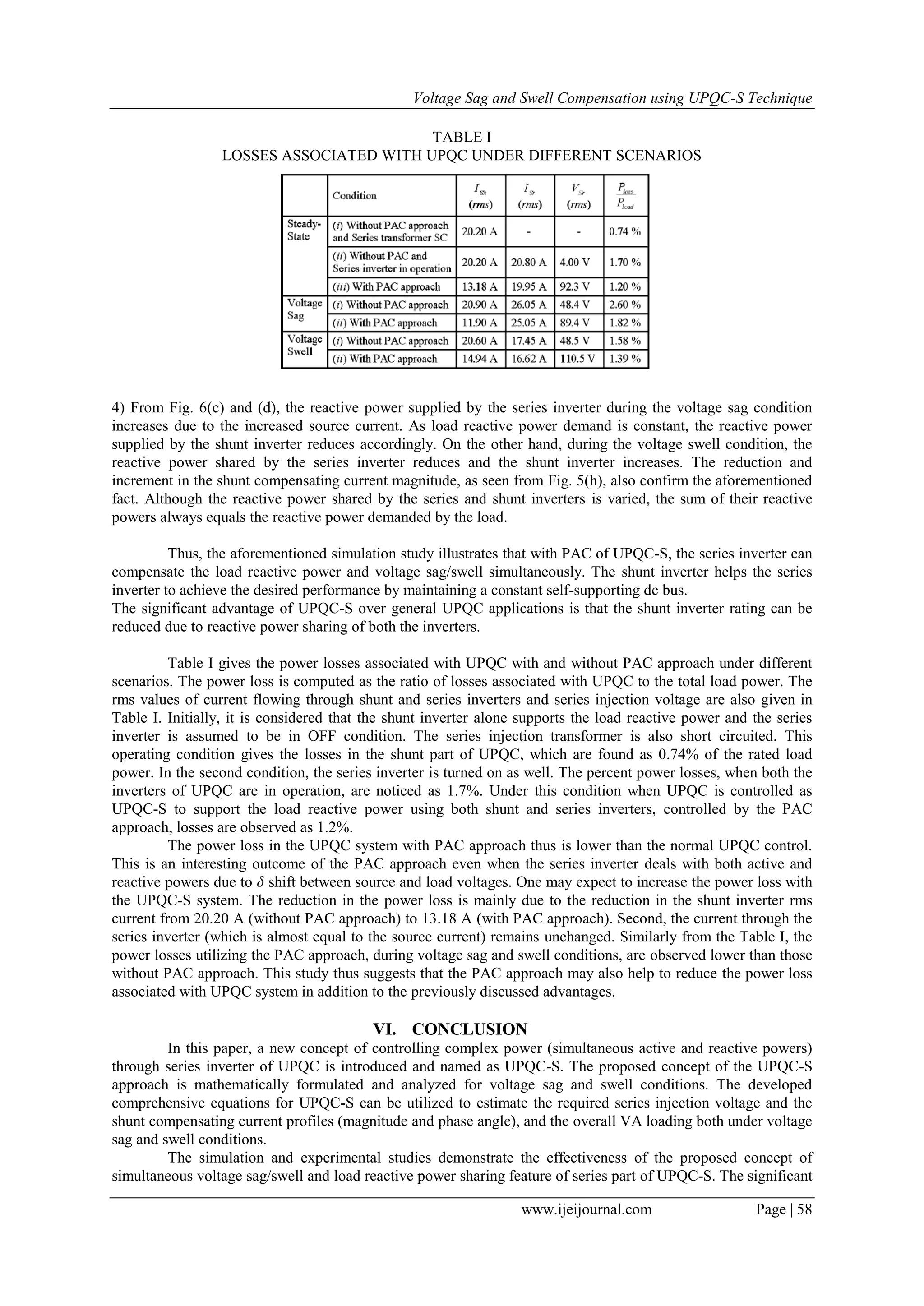 Voltage Sag and Swell Compensation using UPQC-S Technique
www.ijeijournal.com Page | 58
TABLE I
LOSSES ASSOCIATED WITH UPQC UNDER DIFFERENT SCENARIOS
4) From Fig. 6(c) and (d), the reactive power supplied by the series inverter during the voltage sag condition
increases due to the increased source current. As load reactive power demand is constant, the reactive power
supplied by the shunt inverter reduces accordingly. On the other hand, during the voltage swell condition, the
reactive power shared by the series inverter reduces and the shunt inverter increases. The reduction and
increment in the shunt compensating current magnitude, as seen from Fig. 5(h), also confirm the aforementioned
fact. Although the reactive power shared by the series and shunt inverters is varied, the sum of their reactive
powers always equals the reactive power demanded by the load.
Thus, the aforementioned simulation study illustrates that with PAC of UPQC-S, the series inverter can
compensate the load reactive power and voltage sag/swell simultaneously. The shunt inverter helps the series
inverter to achieve the desired performance by maintaining a constant self-supporting dc bus.
The significant advantage of UPQC-S over general UPQC applications is that the shunt inverter rating can be
reduced due to reactive power sharing of both the inverters.
Table I gives the power losses associated with UPQC with and without PAC approach under different
scenarios. The power loss is computed as the ratio of losses associated with UPQC to the total load power. The
rms values of current flowing through shunt and series inverters and series injection voltage are also given in
Table I. Initially, it is considered that the shunt inverter alone supports the load reactive power and the series
inverter is assumed to be in OFF condition. The series injection transformer is also short circuited. This
operating condition gives the losses in the shunt part of UPQC, which are found as 0.74% of the rated load
power. In the second condition, the series inverter is turned on as well. The percent power losses, when both the
inverters of UPQC are in operation, are noticed as 1.7%. Under this condition when UPQC is controlled as
UPQC-S to support the load reactive power using both shunt and series inverters, controlled by the PAC
approach, losses are observed as 1.2%.
The power loss in the UPQC system with PAC approach thus is lower than the normal UPQC control.
This is an interesting outcome of the PAC approach even when the series inverter deals with both active and
reactive powers due to δ shift between source and load voltages. One may expect to increase the power loss with
the UPQC-S system. The reduction in the power loss is mainly due to the reduction in the shunt inverter rms
current from 20.20 A (without PAC approach) to 13.18 A (with PAC approach). Second, the current through the
series inverter (which is almost equal to the source current) remains unchanged. Similarly from the Table I, the
power losses utilizing the PAC approach, during voltage sag and swell conditions, are observed lower than those
without PAC approach. This study thus suggests that the PAC approach may also help to reduce the power loss
associated with UPQC system in addition to the previously discussed advantages.
VI. CONCLUSION
In this paper, a new concept of controlling complex power (simultaneous active and reactive powers)
through series inverter of UPQC is introduced and named as UPQC-S. The proposed concept of the UPQC-S
approach is mathematically formulated and analyzed for voltage sag and swell conditions. The developed
comprehensive equations for UPQC-S can be utilized to estimate the required series injection voltage and the
shunt compensating current profiles (magnitude and phase angle), and the overall VA loading both under voltage
sag and swell conditions.
The simulation and experimental studies demonstrate the effectiveness of the proposed concept of
simultaneous voltage sag/swell and load reactive power sharing feature of series part of UPQC-S. The significant
 