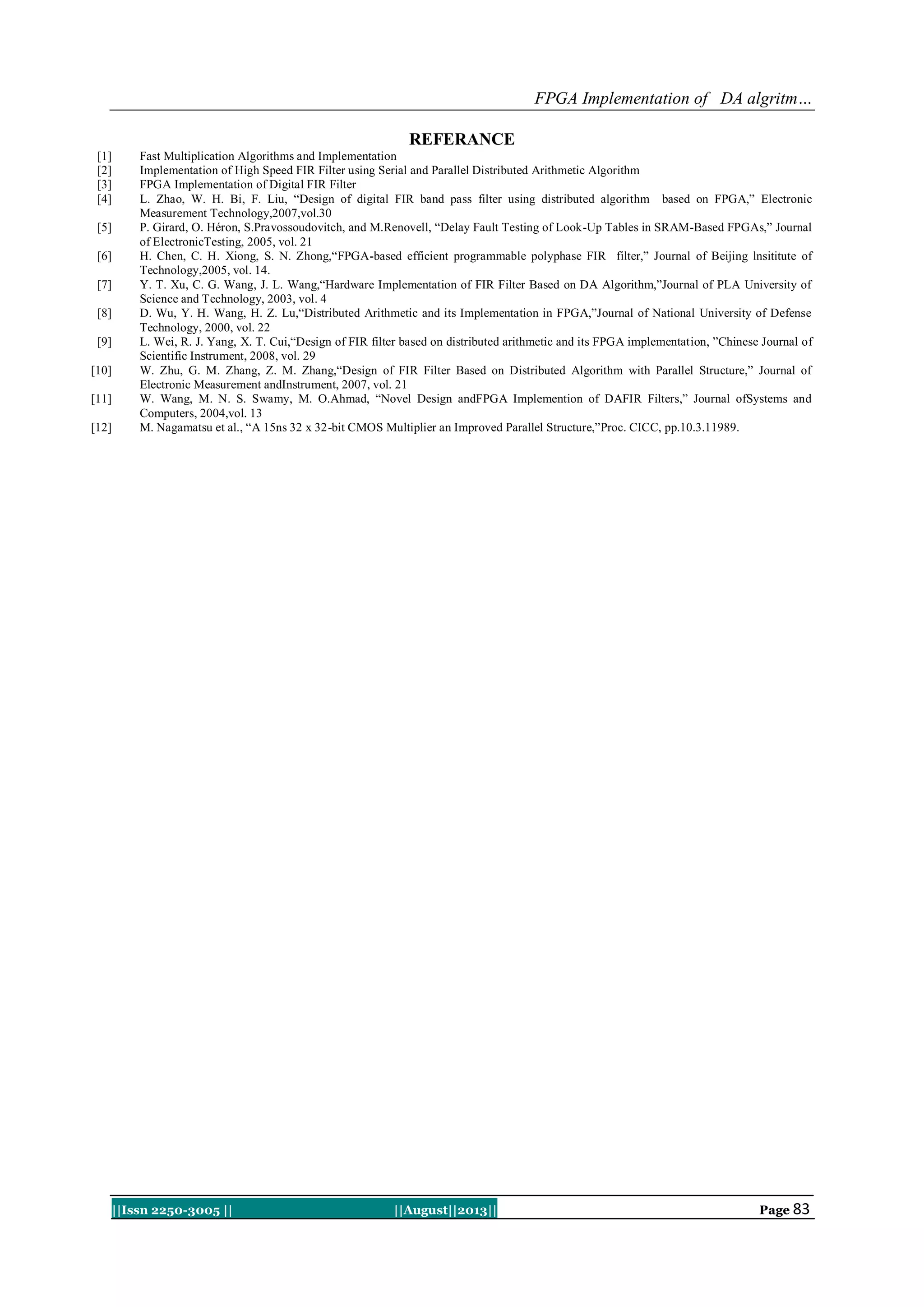 FPGA Implementation of DA algritm…
||Issn 2250-3005 || ||August||2013|| Page 83
REFERANCE
[1] Fast Multiplication Algorithms and Implementation
[2] Implementation of High Speed FIR Filter using Serial and Parallel Distributed Arithmetic Algorithm
[3] FPGA Implementation of Digital FIR Filter
[4] L. Zhao, W. H. Bi, F. Liu, “Design of digital FIR band pass filter using distributed algorithm based on FPGA,” Electronic
Measurement Technology,2007,vol.30
[5] P. Girard, O. Héron, S.Pravossoudovitch, and M.Renovell, “Delay Fault Testing of Look-Up Tables in SRAM-Based FPGAs,” Journal
of ElectronicTesting, 2005, vol. 21
[6] H. Chen, C. H. Xiong, S. N. Zhong,“FPGA-based efficient programmable polyphase FIR filter,” Journal of Beijing lnsititute of
Technology,2005, vol. 14.
[7] Y. T. Xu, C. G. Wang, J. L. Wang,“Hardware Implementation of FIR Filter Based on DA Algorithm,”Journal of PLA University of
Science and Technology, 2003, vol. 4
[8] D. Wu, Y. H. Wang, H. Z. Lu,“Distributed Arithmetic and its Implementation in FPGA,”Journal of National University of Defense
Technology, 2000, vol. 22
[9] L. Wei, R. J. Yang, X. T. Cui,“Design of FIR filter based on distributed arithmetic and its FPGA implementation, ”Chinese Journal of
Scientific Instrument, 2008, vol. 29
[10] W. Zhu, G. M. Zhang, Z. M. Zhang,“Design of FIR Filter Based on Distributed Algorithm with Parallel Structure,” Journal of
Electronic Measurement andInstrument, 2007, vol. 21
[11] W. Wang, M. N. S. Swamy, M. O.Ahmad, “Novel Design andFPGA Implemention of DAFIR Filters,” Journal ofSystems and
Computers, 2004,vol. 13
[12] M. Nagamatsu et al., “A 15ns 32 x 32-bit CMOS Multiplier an Improved Parallel Structure,”Proc. CICC, pp.10.3.11989.
 